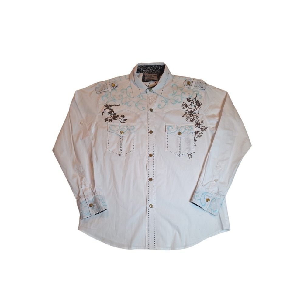 Los Altos Boots Fashion Western Shirt Men's L White Blue Embroidered Cowboy